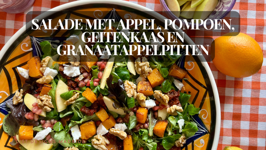 Salade met appel, pompoen, geitenkaas en granaatappelpitten