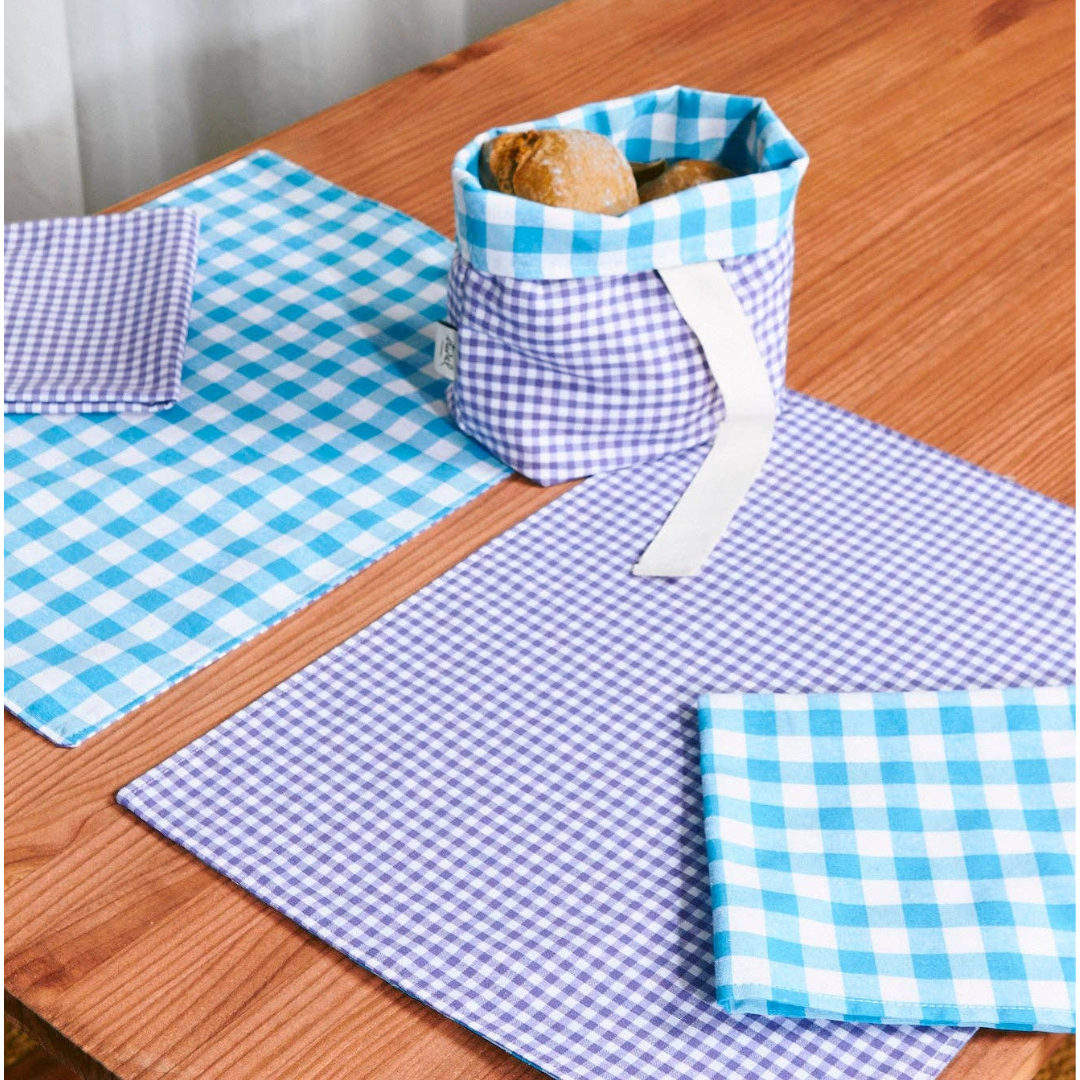 Dubbelzijdige placemats van katoen, geblokt paars/blauw - 2 stuks