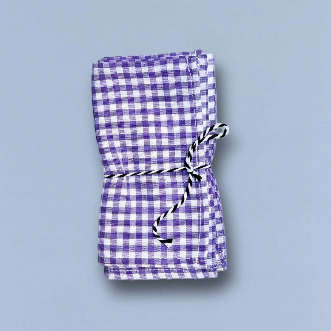 Cocktail Servetten van katoen, paars geblokt - 6 stuks
