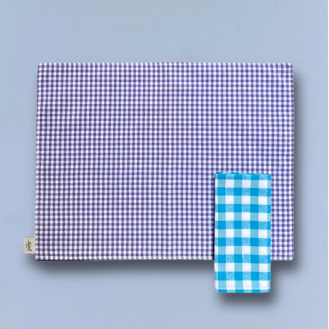 Dubbelzijdige placemats van katoen, geblokt paars/blauw - 2 stuks